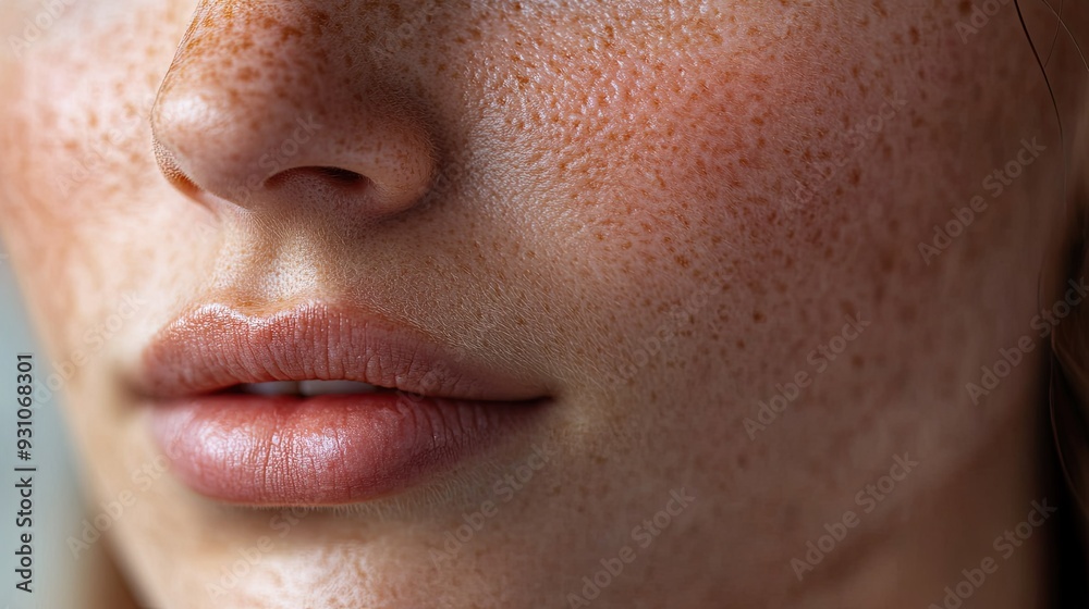 Detailed view of a woman's clear skin post-treatment, with a soft focus on the flawless texture Detailed view of a woman's clear skin post-treatment, with a soft focus on the flawless texture