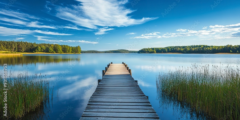 Fototapeta premium Small wooden bridge in lake with calm water and blue sky in Sweden, Scandinavia, Europe. Peaceful outdoor