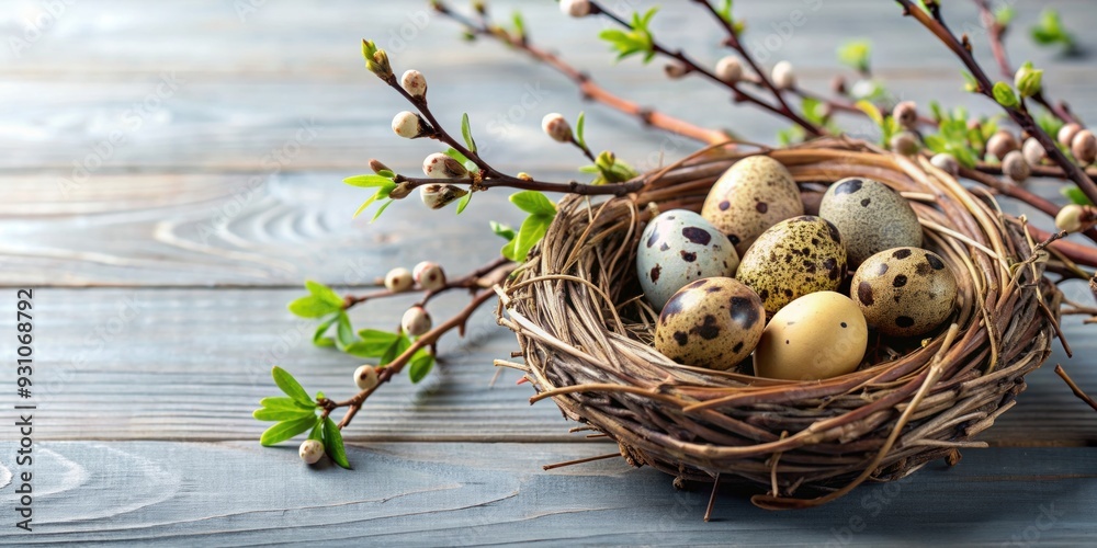Easter card featuring quail eggs in a nest of branches, Easter, card, quail eggs, nest, branches, spring, holiday Easter card featuring quail eggs in a nest of branches, Easter, card, quail eggs, nest, branches, spring, holiday