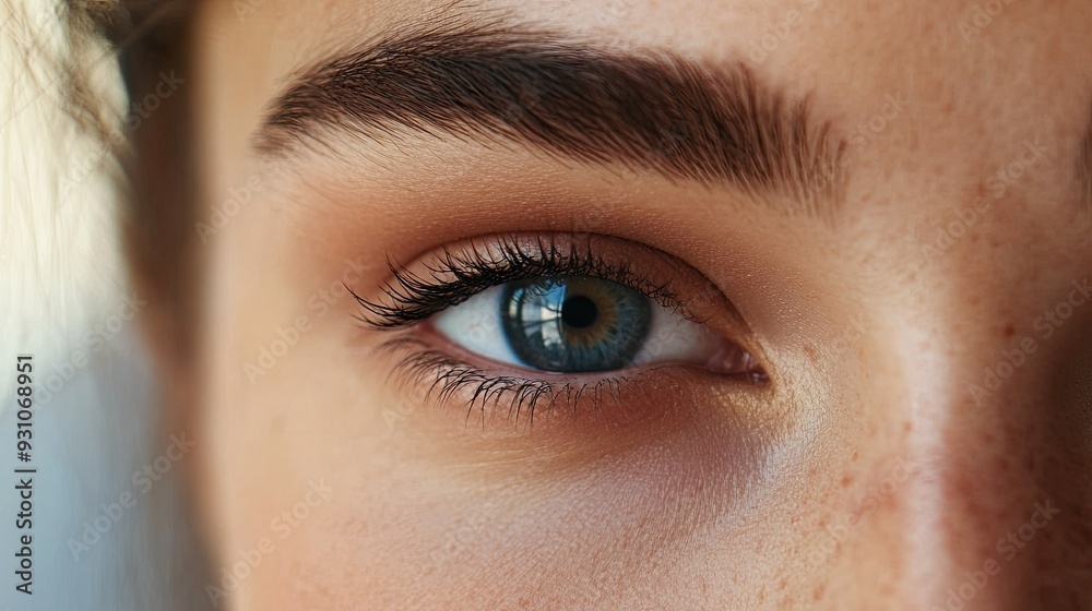 Obraz premium Eye close-up highlighting expertly shaped brows and mascara, with a plain, unobtrusive background