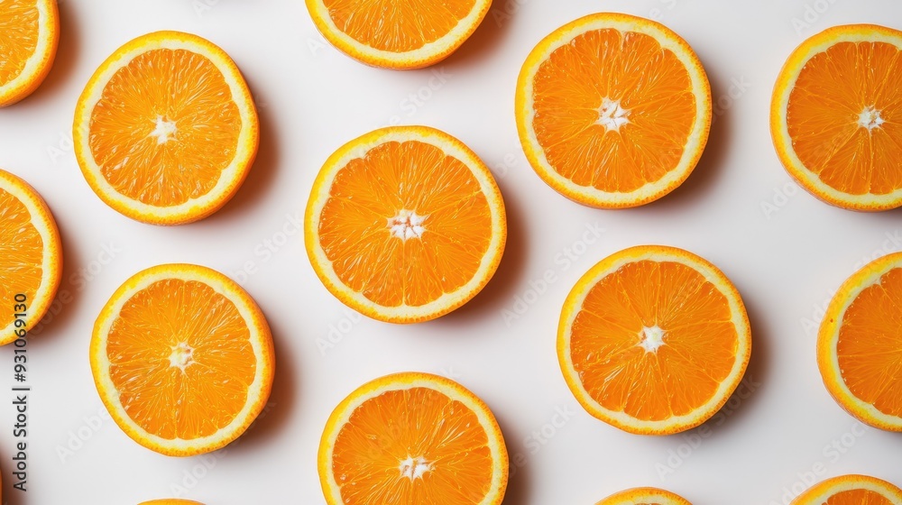 Full background of neatly arranged round orange slices, viewed from the top on a white surface Full background of neatly arranged round orange slices, viewed from the top on a white surface