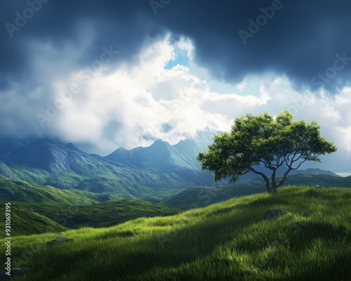 A serene landscape featuring a single tree on a hillside under dramatic skies, surrounded by lush green hills and majestic mountains.