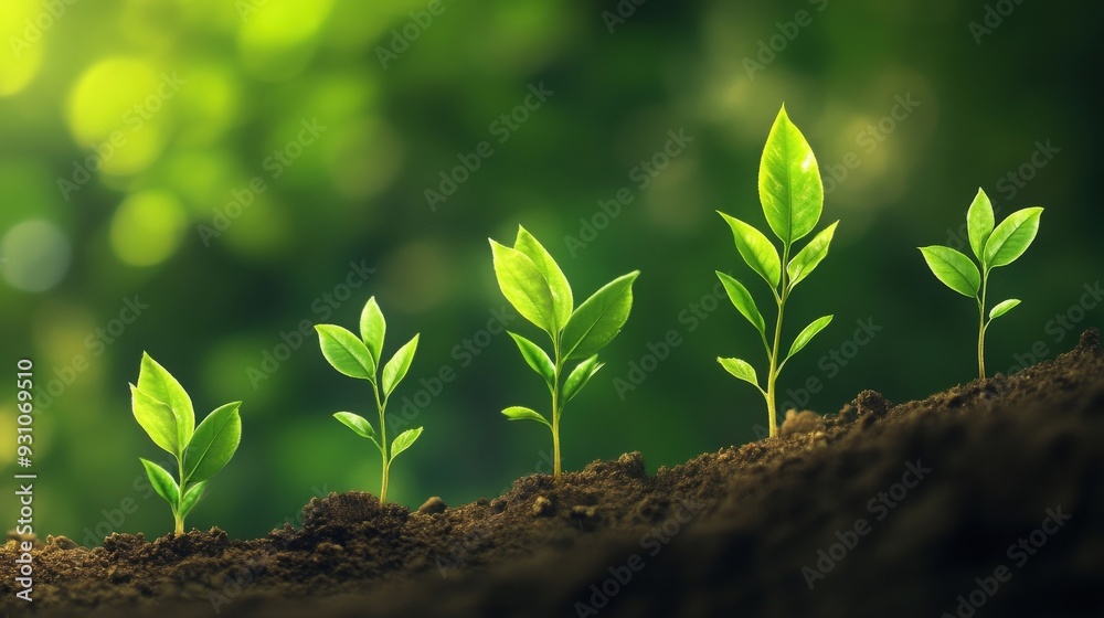 A series of vibrant green sprouts growing from rich soil, symbolizing growth, renewal, and the beauty of nature. A series of vibrant green sprouts growing from rich soil, symbolizing growth, renewal, and the beauty of nature.