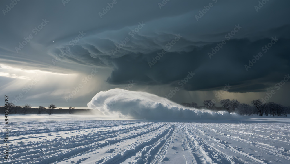 Dramatic winter storm over an open field, with heavy snowfall and dark, ominous clouds. Dramatic winter storm over an open field, with heavy snowfall and dark, ominous clouds.