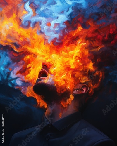 A striking representation of emotion, showcasing a man's head enveloped in vibrant flames and dynamic colors.