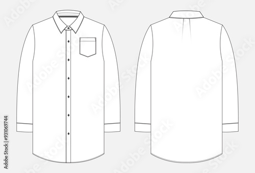 Long sleeve knee length Shirt technical drawing fashion flat sketch vector illustration template for ladies
