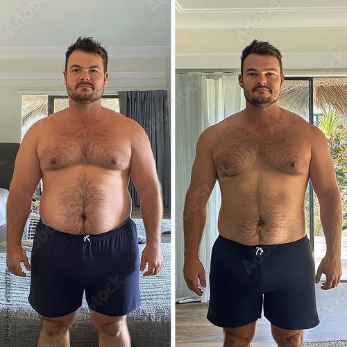 Side by side comparison of man before and after weight loss journey