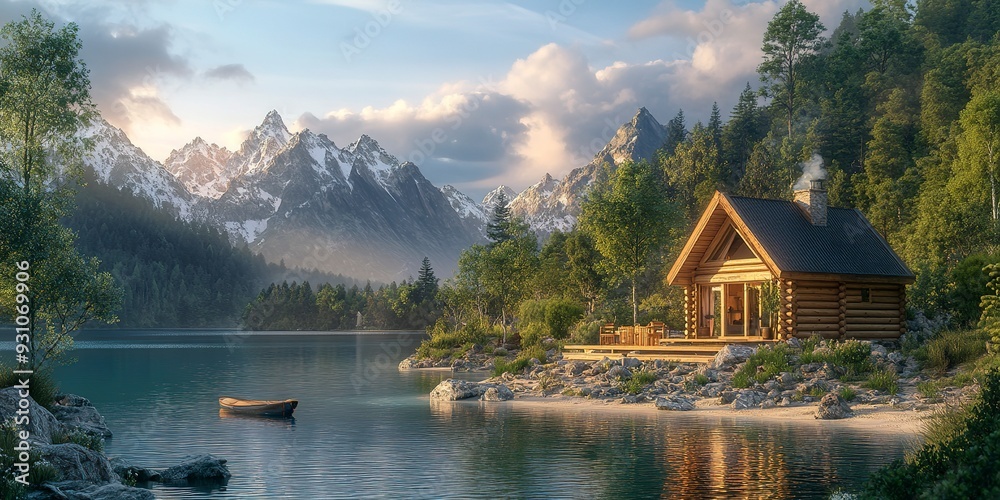 Wood cabin on the lake - log cabin surrounded by trees, mountains, and water in natural landscapes Wood cabin on the lake - log cabin surrounded by trees, mountains, and water in natural landscapes