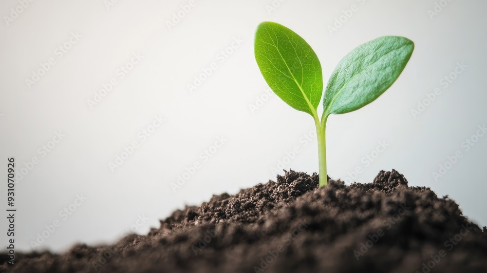 Fototapeta premium Minimalist image of a green sprout breaking through soil, with a plain white background emphasizing its simplicity and new beginnings.
