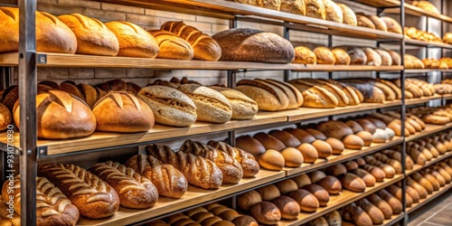 Freshly baked bread displayed at a bakery, bakery, bread, display, assortment, variety, pastries, loaves, baked goods, artisan