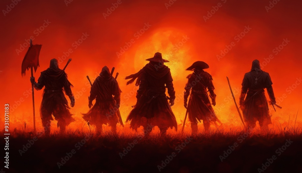 Fototapeta premium Silhouetted warriors stand against a fiery sunset, ready for battle in a dramatic scene of courage and adventure.