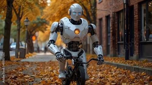 Bicycle rider in a happy humanoid robot in an autumn alley. Emotions and feelings are experienced by robotic objects. Artificial intelligence is a concept of technology development.
