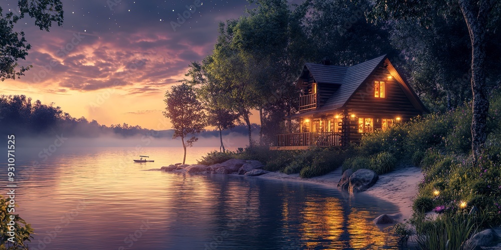 Fototapeta premium Cozy lakeside cabin at sunrise with warm glowing lights and tranquil water