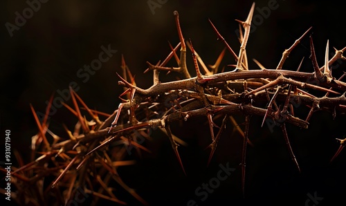 the crown of thorns of Jesus on black background against window light with copy space, can be used for Christian background, Easter concept. 