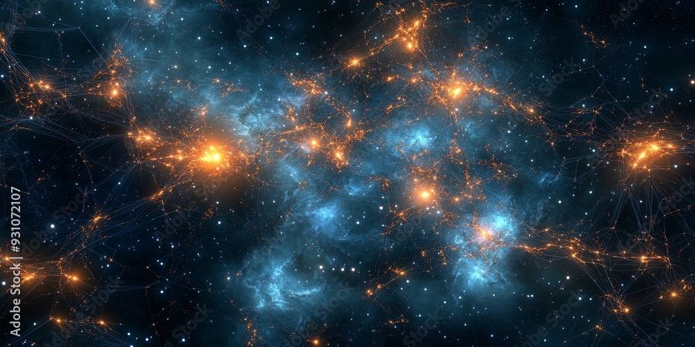 Fototapeta premium A digital visualization of a star field, with luminous stars connected by glowing circuits and digital energy webs
