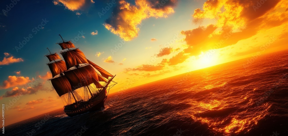 A majestic ship sails across the ocean under a breathtaking sunset, creating a serene and adventurous scene.
