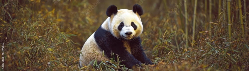 A playful panda sitting amidst bamboo, showcasing its unique black and white fur in a serene natural habitat. A playful panda sitting amidst bamboo, showcasing its unique black and white fur in a serene natural habitat.