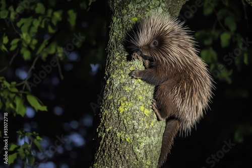 A porcupine climbing a tree, showcasing its unique quills and natural habitat in a serene setting.