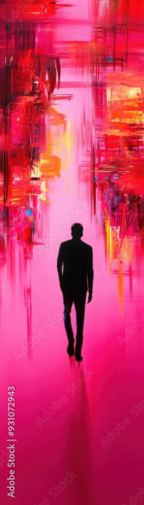 Obraz premium A silhouette of a man walking through vibrant, abstract shapes in a colorful, illuminated space evoking a sense of mystery.