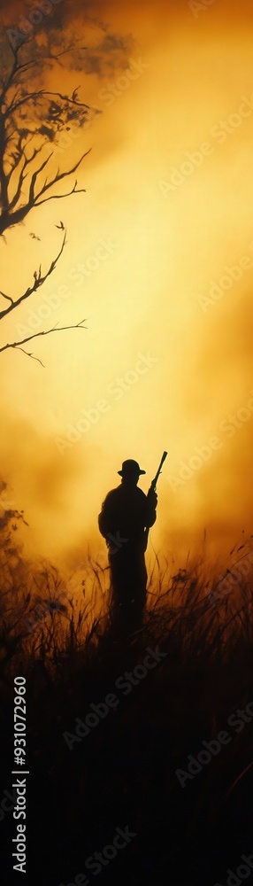 A silhouette of a soldier standing in the tall grass, surrounded by a dramatic sunset backdrop. A silhouette of a soldier standing in the tall grass, surrounded by a dramatic sunset backdrop.