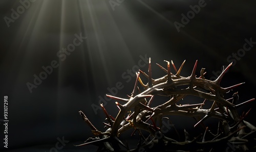 the crown of thorns of Jesus on black background against window light with copy space, can be used for Christian background, Easter concept. 