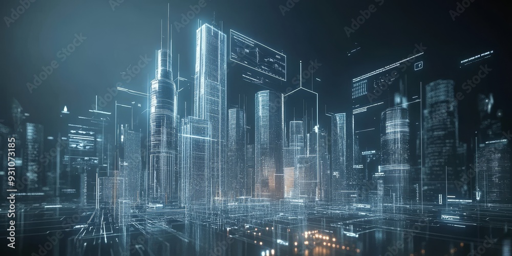 A futuristic urban interface showcasing smart city technology, with interactive holographic controls, real-time data, and sleek, modern design