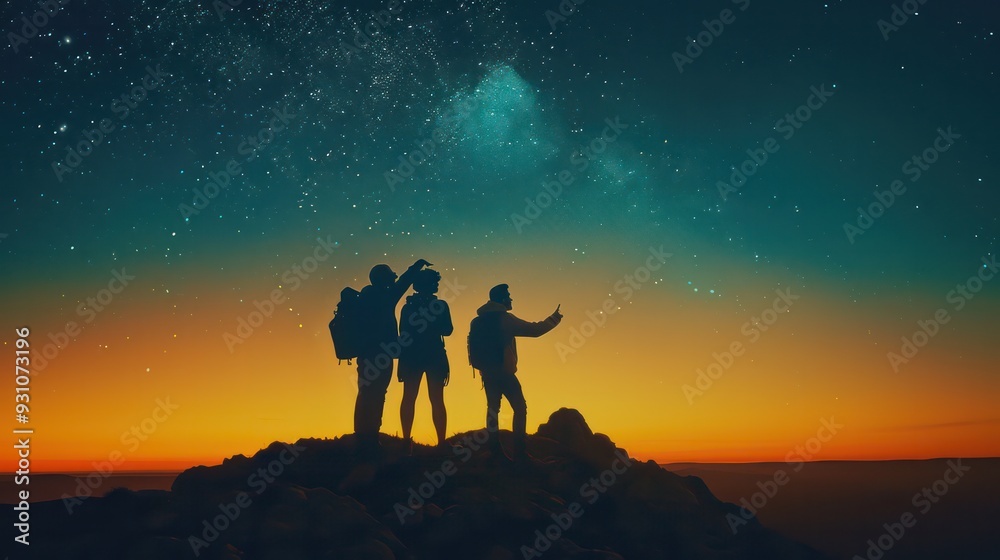 Fototapeta premium A group of people are sitting on chairs under the starry sky.