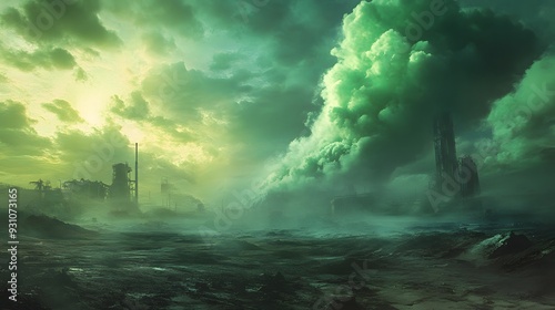 82. A surreal landscape with toxic green clouds swirling above a barren, industrial wasteland
