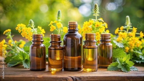 Bottles of aromatherapy essential oil with fresh blooming agrimony plant , aromatherapy, essential oil, bottles