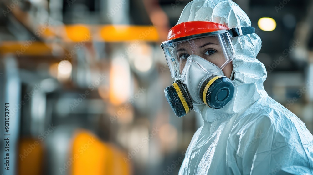 A worker in protective gear inspecting a chemical processing plant. A worker in protective gear inspecting a chemical processing plant.