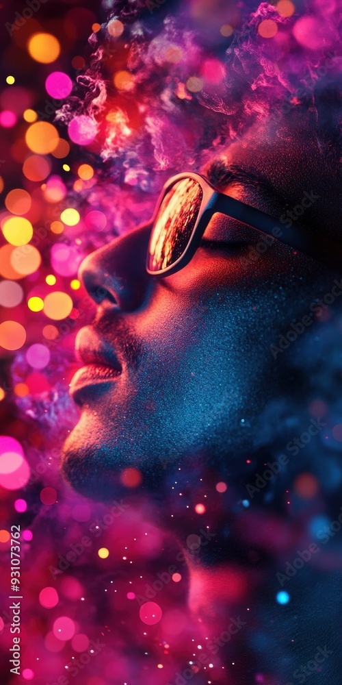 A vibrant portrait capturing a person wearing sunglasses, surrounded by colorful, illuminated bokeh lights. A vibrant portrait capturing a person wearing sunglasses, surrounded by colorful, illuminated bokeh lights.