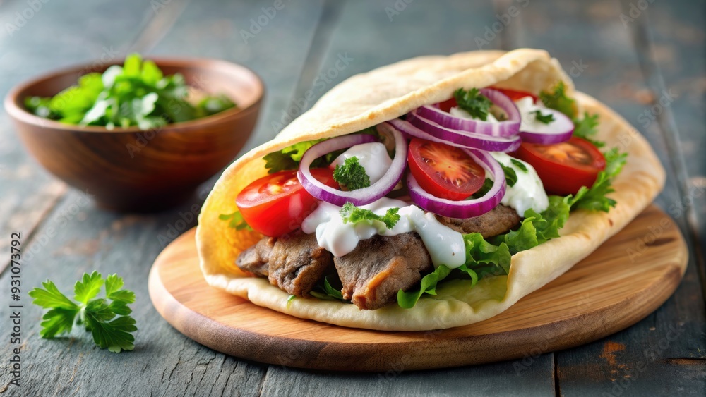 Delicious gyro sandwich with tzatziki on freshly baked pita bread, Greek, food, cuisine, traditional, Mediterranean, gyro Delicious gyro sandwich with tzatziki on freshly baked pita bread, Greek, food, cuisine, traditional, Mediterranean, gyro