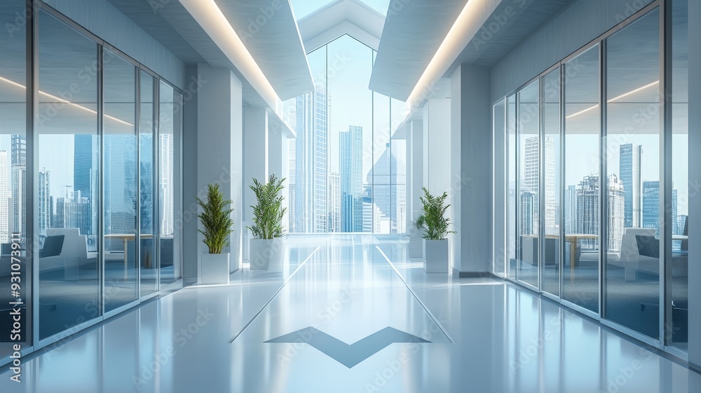 Fototapeta premium Arrows moving upwards, symbolizing breakthrough, set in a minimalist modern office