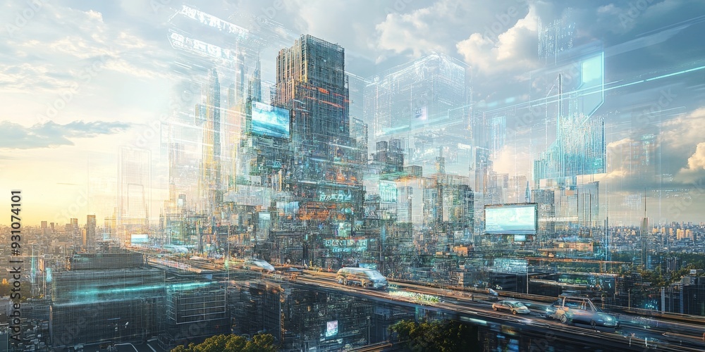 Fototapeta premium High-tech urban landscape with transparent buildings, automated vehicles, and holographic advertisements, set against a futuristic skyline