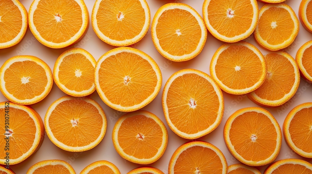 Overhead view of round orange slices covering the entire background, creating a vibrant pattern Overhead view of round orange slices covering the entire background, creating a vibrant pattern