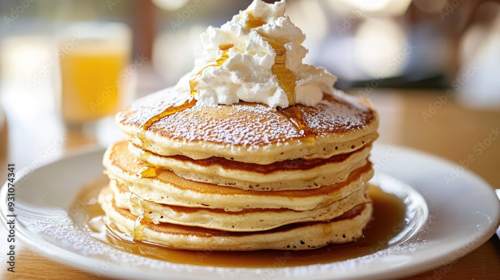 Pancakes stacked high, with whipped cream and syrup, positioned to leave room for text or branding - Pancakes stacked high, with whipped cream and syrup, positioned to leave room for text or branding -