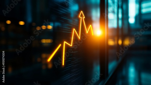 Arrows pointing upwards, glowing, symbolizing business growth, modern office with glass walls