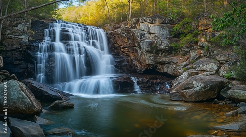 Breathtaking view of a majestic waterfall cascading over rocky cliffs into a serene pool surrounded by lush forest