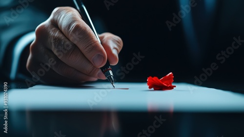 A close-up of a dictator hand signing a document with a red authoritarian seal