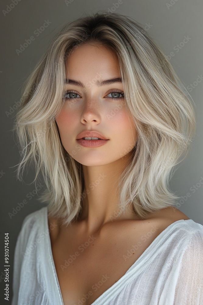 Sophisticated portrait of a woman with soft waves and neutral tones hair Sophisticated portrait of a woman with soft waves and neutral tones hair