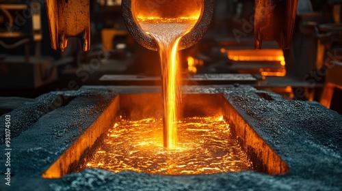 Abstract view of molten metal being poured into molds in a steel foundry, capturing the intensity of the process. photo