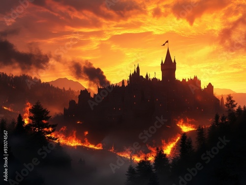 Majestic castle silhouette against a dramatic sunset, surrounded by smoke and flames, evoking mystery and adventure.