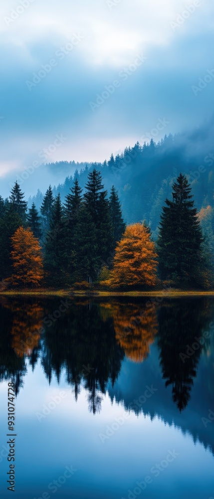 Tranquil lake scene surrounded by misty mountains and autumn trees, reflecting beautifully in calm waters. Tranquil lake scene surrounded by misty mountains and autumn trees, reflecting beautifully in calm waters.