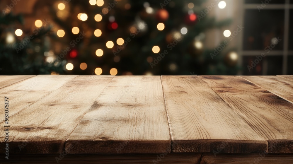 A rustic wooden table is set against vibrant party decorations, radiating warmth and cheerfulness of the New Year celebration A rustic wooden table is set against vibrant party decorations, radiating warmth and cheerfulness of the New Year celebration
