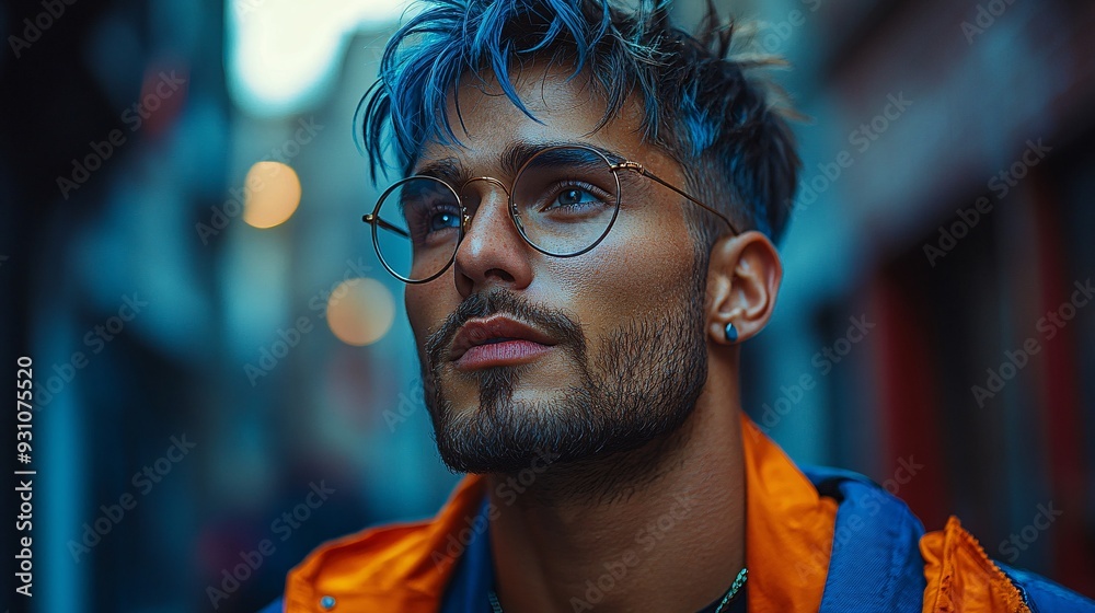 Vibrant portrait of a man with blue curly hair in urban setting Vibrant portrait of a man with blue curly hair in urban setting