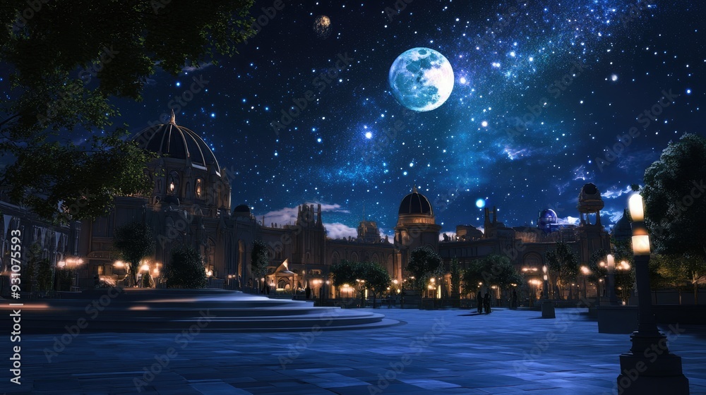 Naklejka premium The vibrant main square of an alien city comes to life with glowing lights under a stunning starry sky and a luminous moon overhead