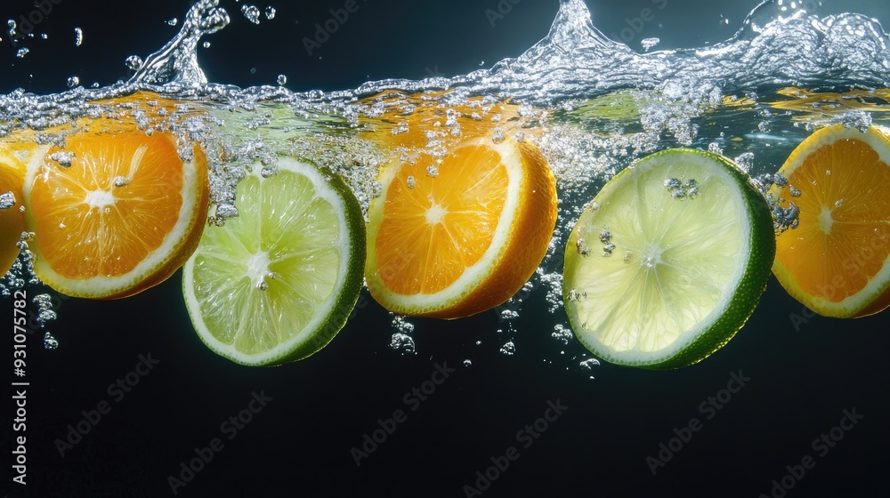 Slices of citrus fruits like orange, lemon, and lime falling into water, creating beautiful underwater patterns Slices of citrus fruits like orange, lemon, and lime falling into water, creating beautiful underwater patterns