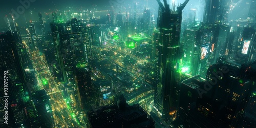 A futuristic urban landscape illuminated by neon lights, with high-tech buildings, glowing pathways, and advanced infrastructure