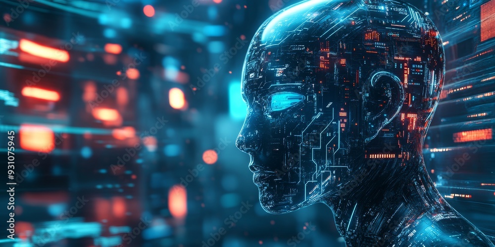 Cyberpunk robot with a human-like face, neon-lit circuits, and advanced AI, blending seamlessly into a high-tech, dystopian environment Cyberpunk robot with a human-like face, neon-lit circuits, and advanced AI, blending seamlessly into a high-tech, dystopian environment