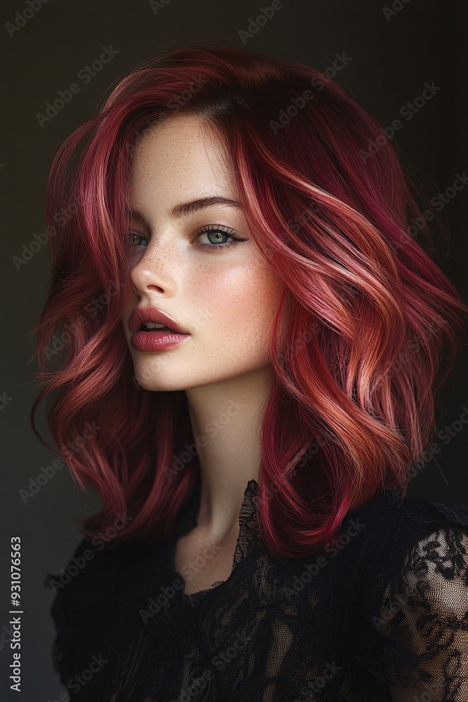 Fototapeta premium Captivating portrait of a woman with rich red hair and soft waves